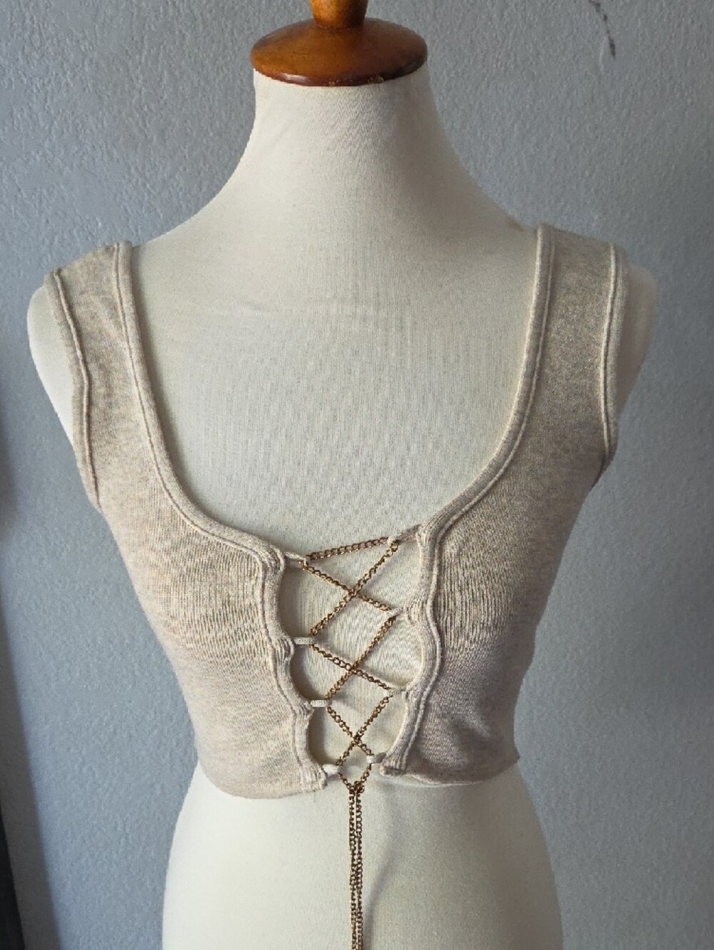 Duchess Beige Knit Crop Tank with Lace-Up Detail Small